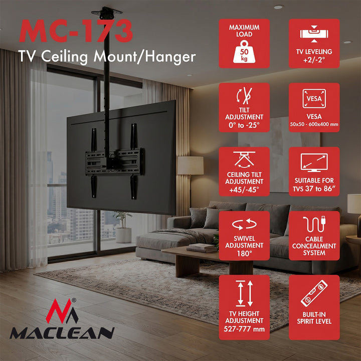 Stropný držiak / záves na televízor Maclean, max. zaťaženie 50 kg, 37–86", max. VESA 600 × 400, MC-173