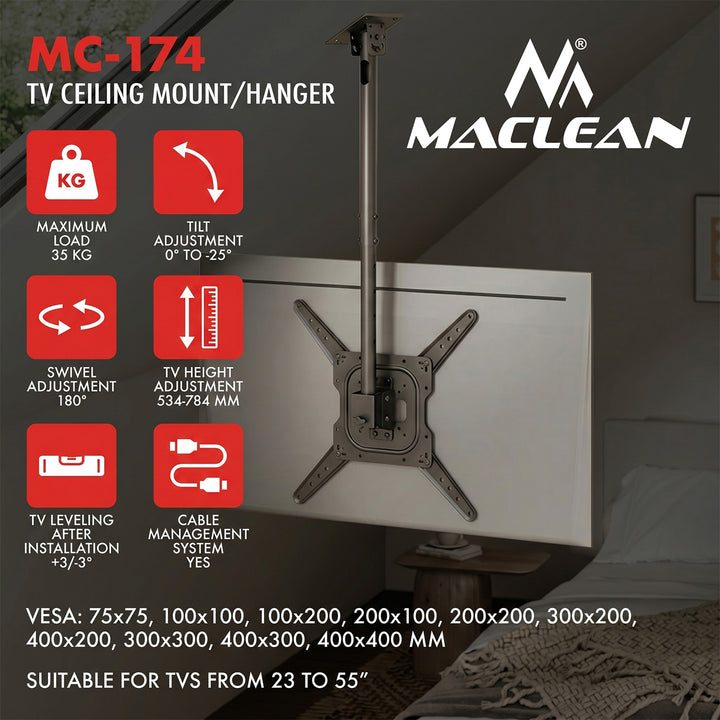 Stropný držiak / záves na televízor Maclean, max. zaťaženie 35 kg, 23–55", max. VESA 400 × 400, MC-174