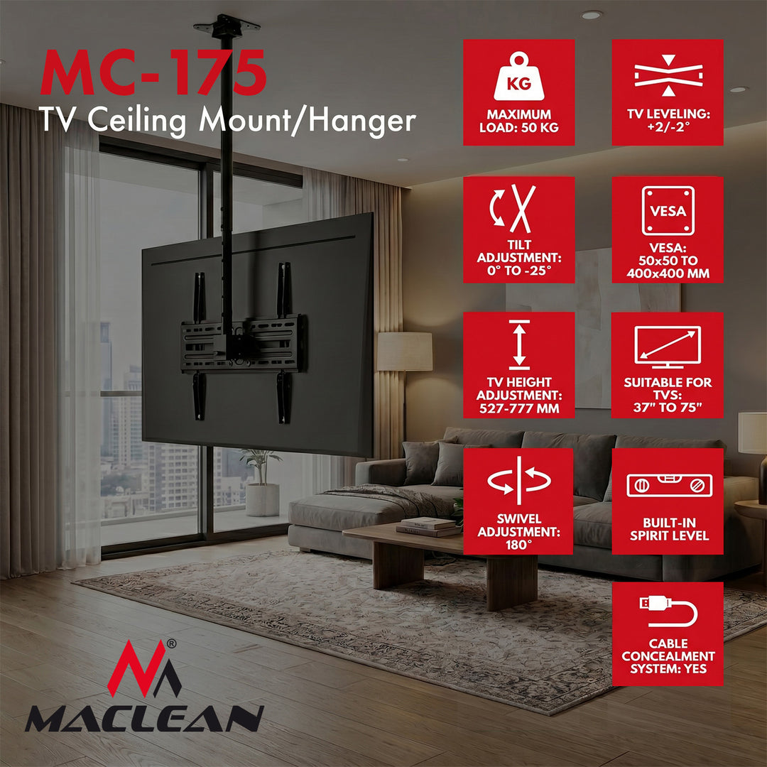 Stropný držiak / záves na televízor Maclean, max. zaťaženie 50 kg, 37–75", max. VESA 400 × 400, MC-175