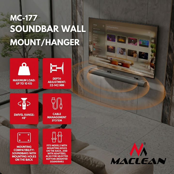 Držiak / nástenný záves na soundbar Maclean, nastaviteľný uhol +8°~-8°, maximálne zaťaženie 10 kg, vyrobený z ocele, MC-177