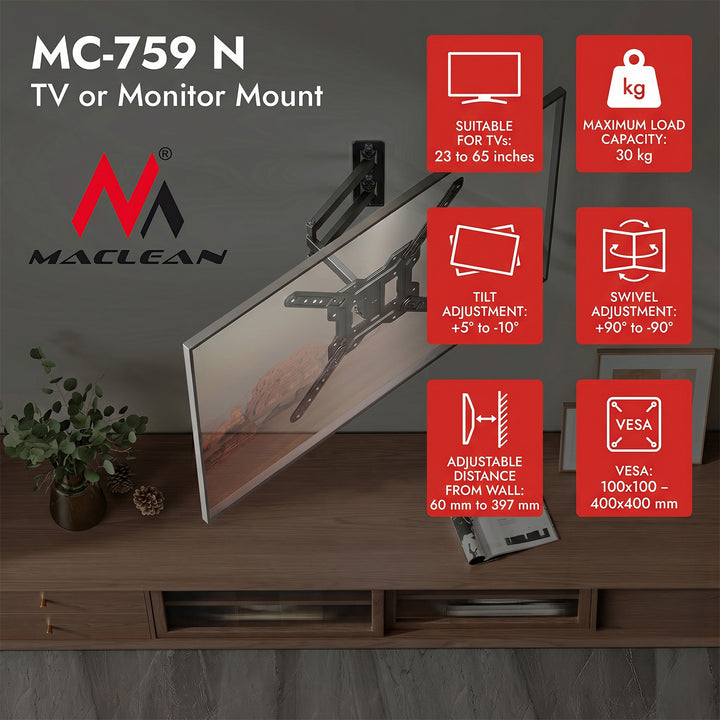 Držiak / záves na televízor alebo monitor Maclean, max. 23–65", max. zaťaženie 30 kg, univerzálny, max. VESA 400×400, MC-759 N