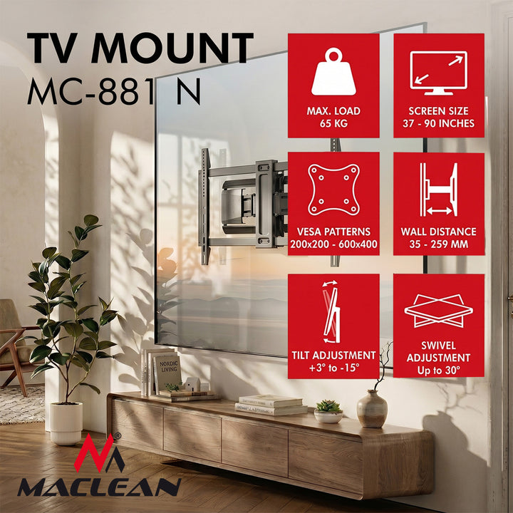 Držiak / záves na televízor Maclean, max. VESA 600x400, 37–90", max. zaťaženie 65 kg, čierny, MC-881 N