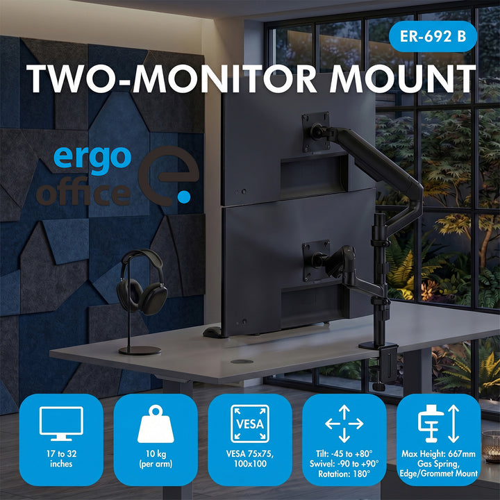 Držiak / záves na 2 monitory Ergo Office, plynová pružina, 17"–32", 1–10 kg, matná čierna, ER-692 B
