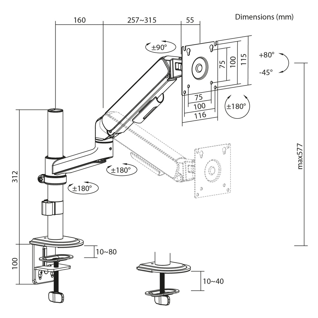 Držiak / záves na monitor Ergo Office, plynová pružina, 17"–32", 1–10 kg, matná čierna, max. VESA 100×100, ER-691 B