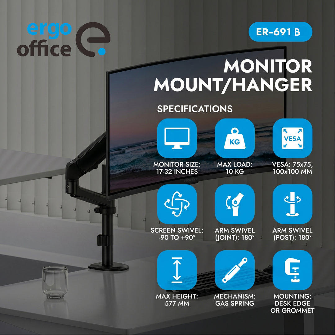 Držiak / záves na monitor Ergo Office, plynová pružina, 17"–32", 1–10 kg, matná čierna, max. VESA 100×100, ER-691 B
