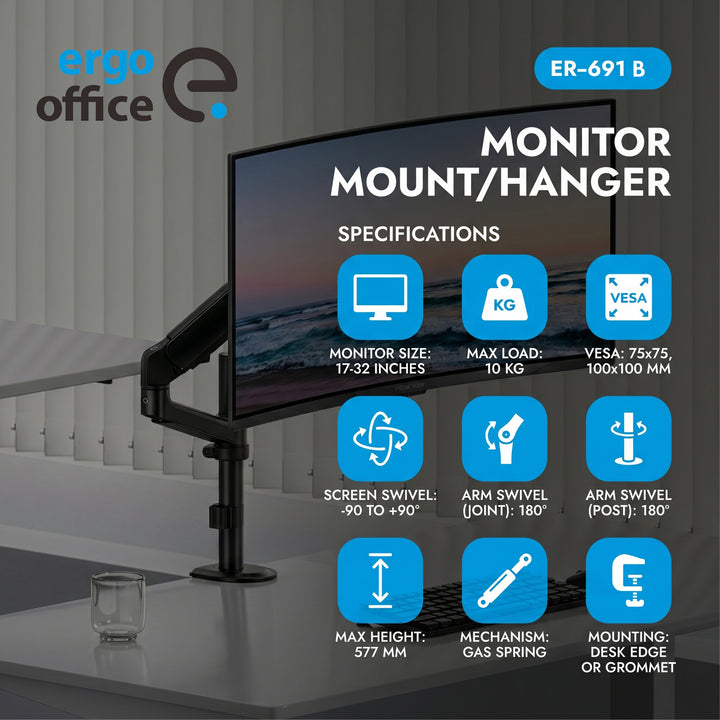 Držiak / záves na monitor Ergo Office, plynová pružina, 17"–32", 1–10 kg, matná čierna, max. VESA 100×100, ER-691 B