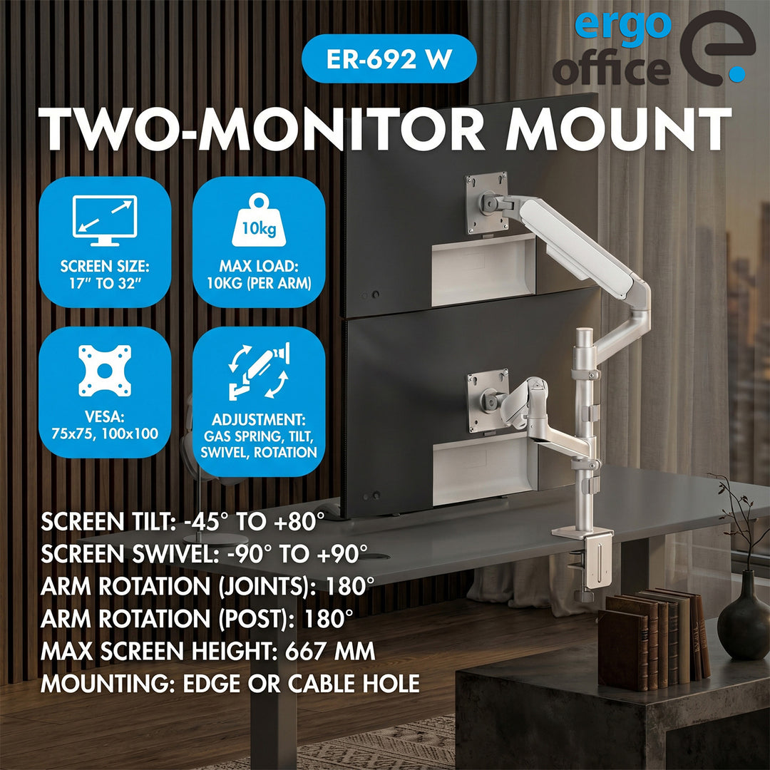 Držiak / záves na 2 monitory Ergo Office, plynová pružina, 17"–32", 1–10 kg, biela matná, ER-692 W