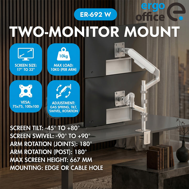 Držiak / záves na 2 monitory Ergo Office, plynová pružina, 17"–32", 1–10 kg, biela matná, ER-692 W