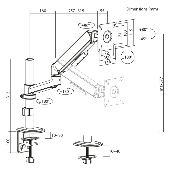 Držiak / záves na monitor Ergo Office, plynová pružina, 17"–32", 1–10 kg, biela matná, max. VESA 100×100, ER-691 W