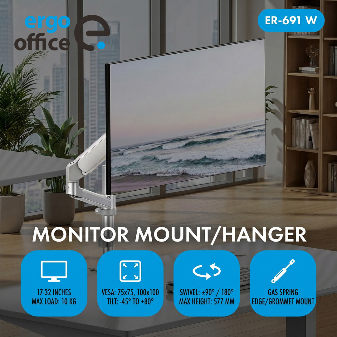 Držiak / záves na monitor Ergo Office, plynová pružina, 17"–32", 1–10 kg, biela matná, max. VESA 100×100, ER-691 W
