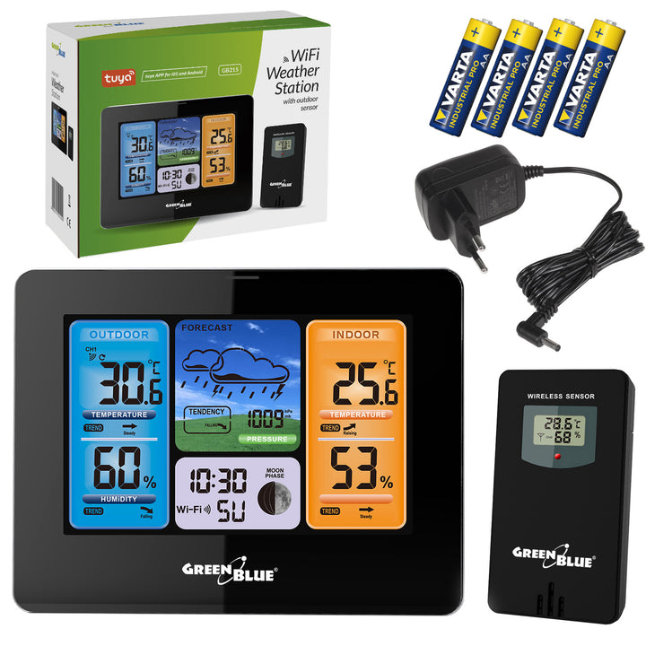 Meteostanica GreenBlue WiFi, kompatibilná s TUYA, vonkajší senzor, kalendár, predpoveď počasia, barometer, napájací adaptér, batérie, GB215