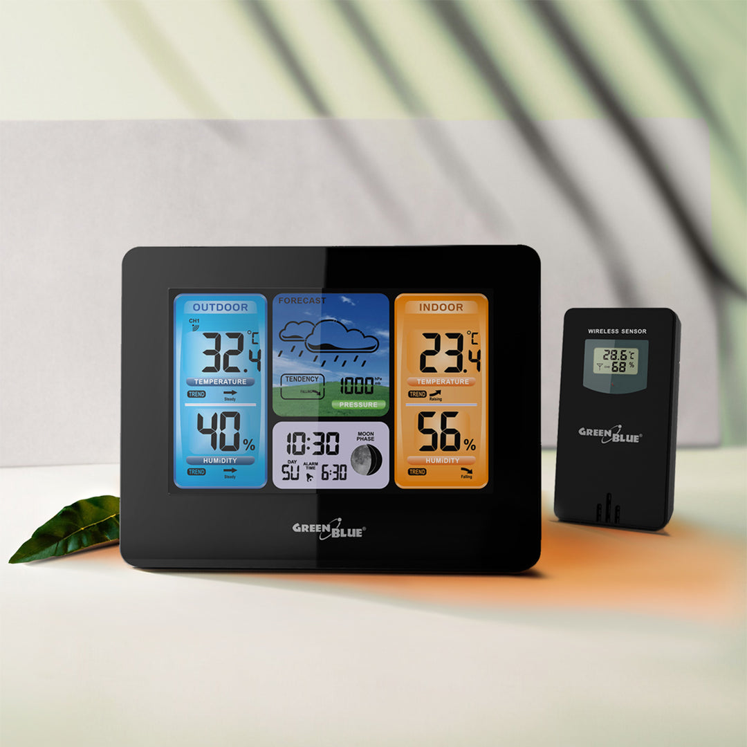 Bezdrôtová meteostanica GreenBlue, farebná, s DCF, fázami mesiaca, napájací adaptér, batérie, GB526