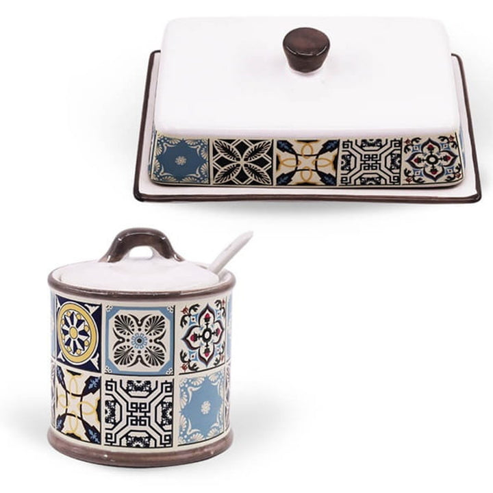 Keramická cukornička Holiday in Porto Maestro, objem 300 ml, sada obsahuje - keramickú lyžičku, MR-20005-09 + keramickú misku na maslo Holiday in Porto Maestro, MR-20005-45