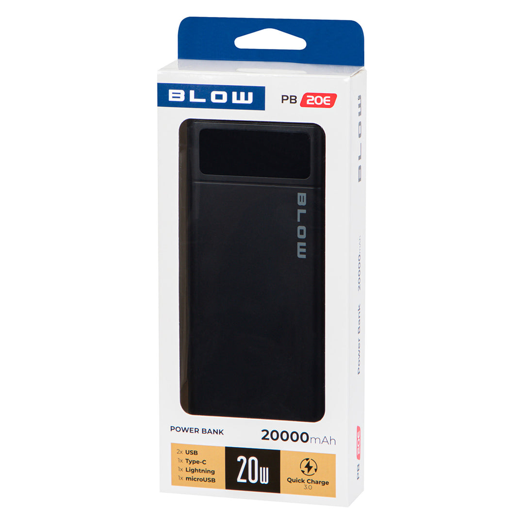 Powerbank 20 000 mAh PB20E QC+PD 20 W + Lightning, čierny, Blow