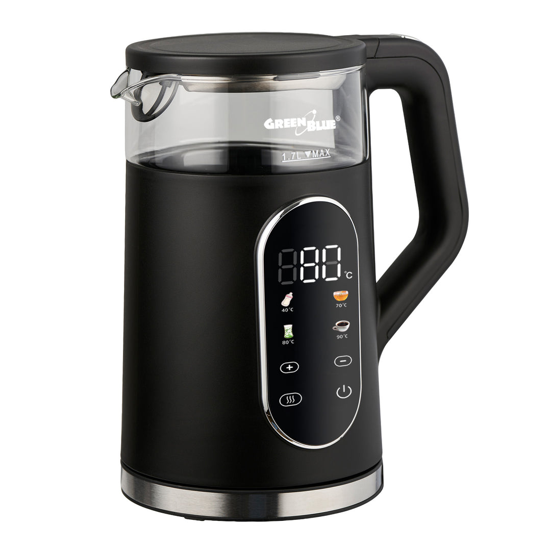 Bezdrôtová rýchlovarná kanvica GreenBlue, objem 1,7 l, sklenená nádoba na vodu, prehľadný displej, voľba teploty, 2200 W, GB670 B