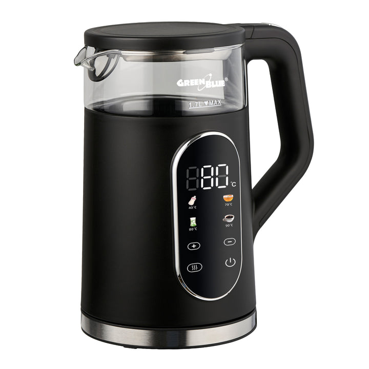 Bezdrôtová rýchlovarná kanvica GreenBlue, objem 1,7 l, sklenená nádoba na vodu, prehľadný displej, voľba teploty, 2200 W, GB670 B