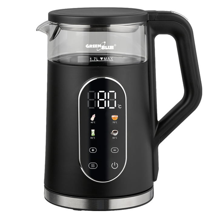 Bezdrôtová rýchlovarná kanvica GreenBlue, objem 1,7 l, sklenená nádoba na vodu, prehľadný displej, voľba teploty, 2200 W, GB670 B