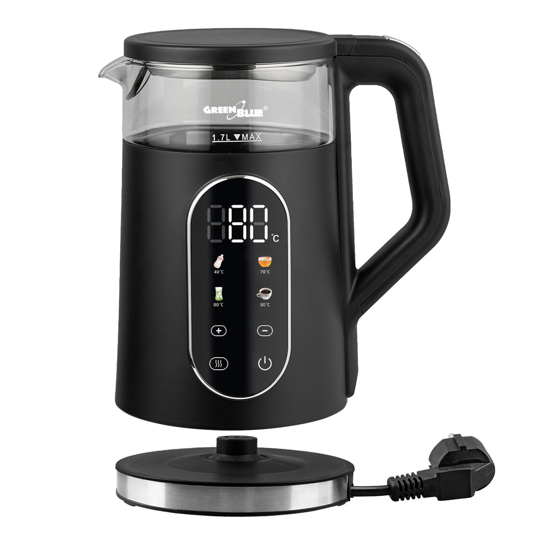 Bezdrôtová rýchlovarná kanvica GreenBlue, objem 1,7 l, sklenená nádoba na vodu, prehľadný displej, voľba teploty, 2200 W, GB670 B
