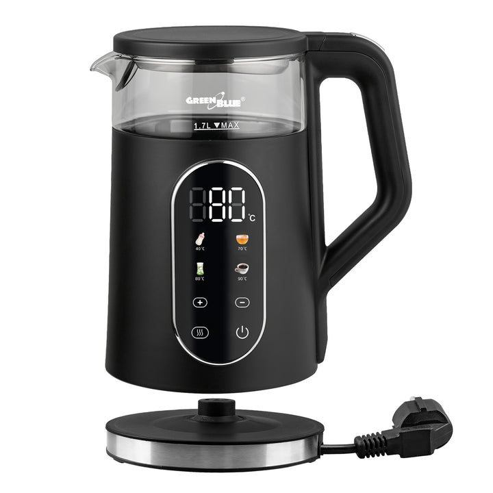 Bezdrôtová rýchlovarná kanvica GreenBlue, objem 1,7 l, sklenená nádoba na vodu, prehľadný displej, voľba teploty, 2200 W, GB670 B