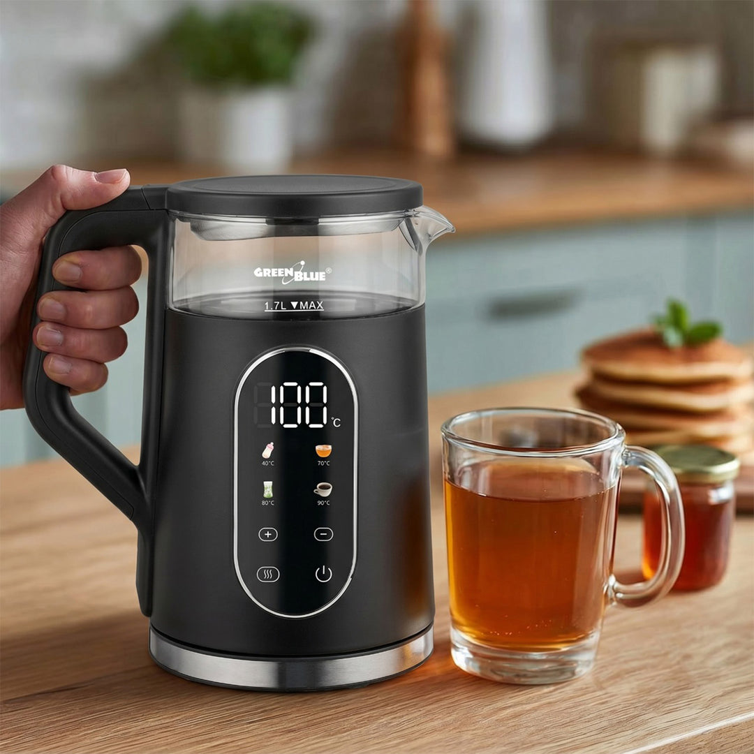 Bezdrôtová rýchlovarná kanvica GreenBlue, objem 1,7 l, sklenená nádoba na vodu, prehľadný displej, voľba teploty, 2200 W, GB670 B