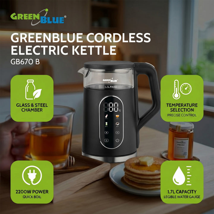 Bezdrôtová rýchlovarná kanvica GreenBlue, objem 1,7 l, sklenená nádoba na vodu, prehľadný displej, voľba teploty, 2200 W, GB670 B