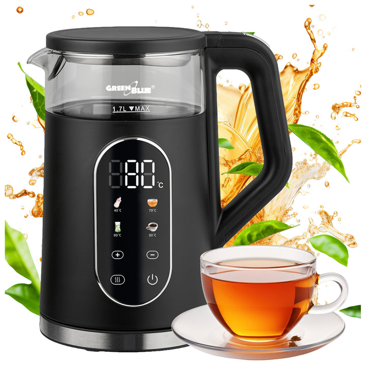 Bezdrôtová rýchlovarná kanvica GreenBlue, objem 1,7 l, sklenená nádoba na vodu, prehľadný displej, voľba teploty, 2200 W, GB670 B