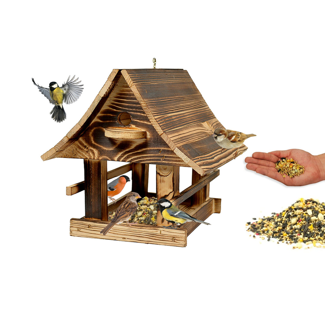 Woodok kŕmidlo pre vtáky, drevené, vypálené, závesný háčik + vtáčie semená 1 kg