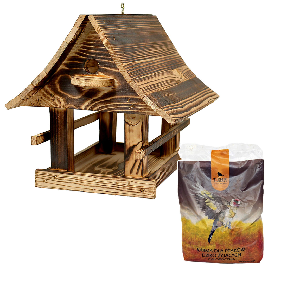 Woodok kŕmidlo pre vtáky, drevené, vypálené, závesný háčik + vtáčie semená 1 kg
