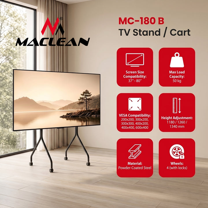 Stojan / vozík na televízor Maclean, na kolieskach, 37–80", max. zaťaženie 50 kg, max. VESA 600 × 400, čierny, MC-180 B