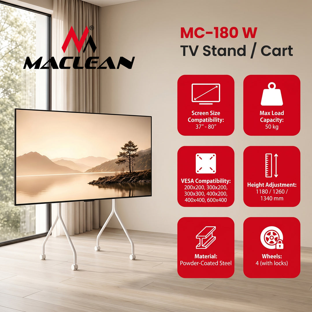 Stojan / vozík na televízor Maclean, na kolieskach, 37–80", max. zaťaženie 50 kg, max. VESA 600 × 400, biely, MC-180 W