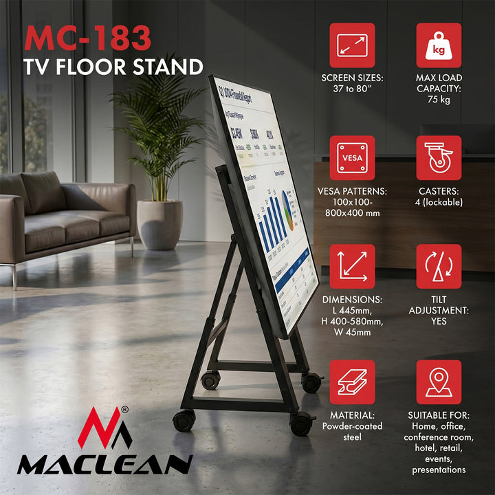 Vozík / podlahový stojan na televízor Maclean, 37–80", max. VESA 800×400, max. 75 kg, pojazdný, s aretáciou kolies, MC-183