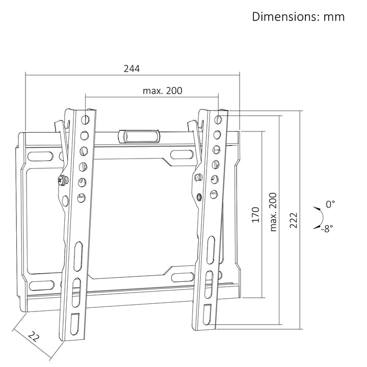 Držiak / záves na televízor Maclean, max. VESA 200x200, 13–43", do 45 kg, čierny, nastaviteľný sklon 0°–-8°, MC-186
