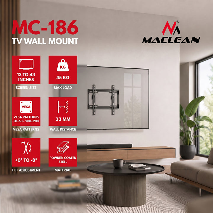 Držiak / záves na televízor Maclean, max. VESA 200x200, 13–43", do 45 kg, čierny, nastaviteľný sklon 0°–-8°, MC-186