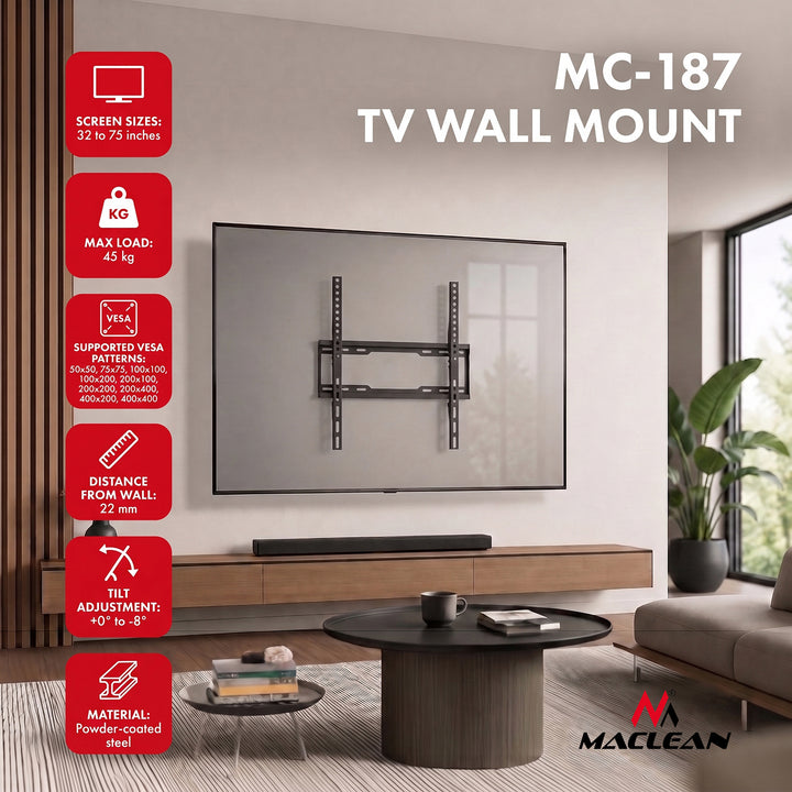 Držiak / záves na televízor Maclean, max. VESA 400x400, 32–75", do 45 kg, čierny, nastaviteľný sklon 0°–-8°, MC-187