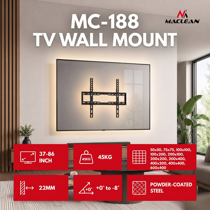 Držiak / záves na televízor Maclean, max. VESA 600x400, 37–86", do 45 kg, čierny, nastavenie sklonu 0°–-8°, MC-188