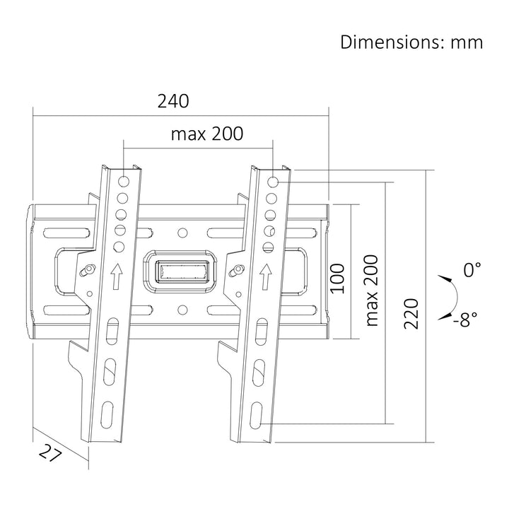 Držiak / záves na televízor Maclean, max. VESA 200x200, 13–43", do 45 kg, čierny, nastaviteľný sklon +2° až –10°, MC-189
