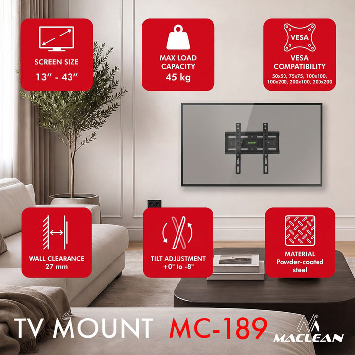 Držiak / záves na televízor Maclean, max. VESA 200x200, 13–43", do 45 kg, čierny, nastaviteľný sklon +2° až –10°, MC-189