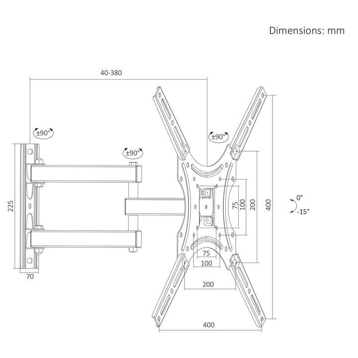 Držiak / záves na televízor Maclean, max. VESA 400x400, 32–55", do 25 kg, čierny, nastavenie sklonu 0°–-15° a otočenia +90°–-90°, MC-190