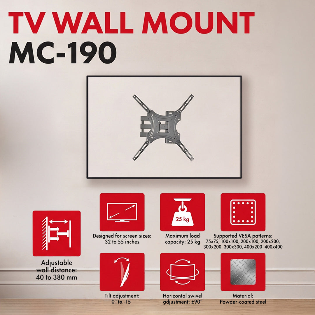 Držiak / záves na televízor Maclean, max. VESA 400x400, 32–55", do 25 kg, čierny, nastavenie sklonu 0°–-15° a otočenia +90°–-90°, MC-190