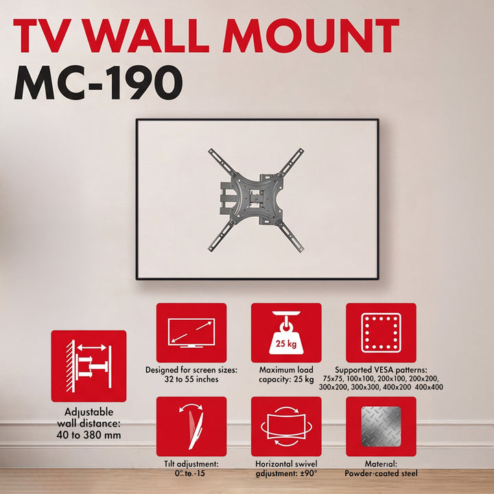 Držiak / záves na televízor Maclean, max. VESA 400x400, 32–55", do 25 kg, čierny, nastavenie sklonu 0°–-15° a otočenia +90°–-90°, MC-190