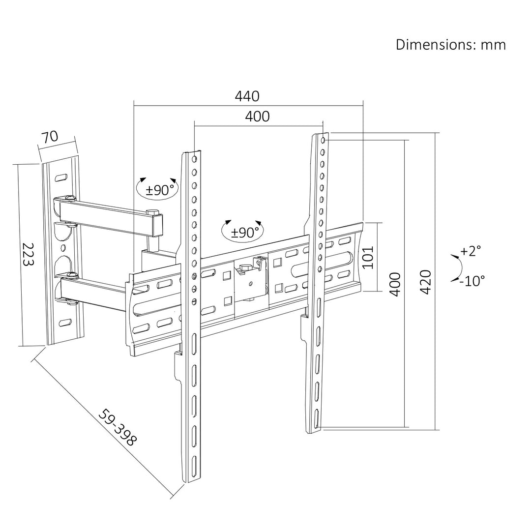 Držiak / záves na televízor Maclean, max. VESA 400x400, 32–55", do 30 kg, čierny, nastaviteľný sklon +2° až –10° a otočenie +90° až –90°, MC-191
