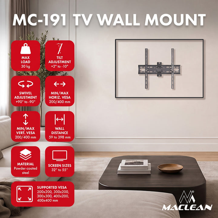Držiak / záves na televízor Maclean, max. VESA 400x400, 32–55", do 30 kg, čierny, nastaviteľný sklon +2° až –10° a otočenie +90° až –90°, MC-191