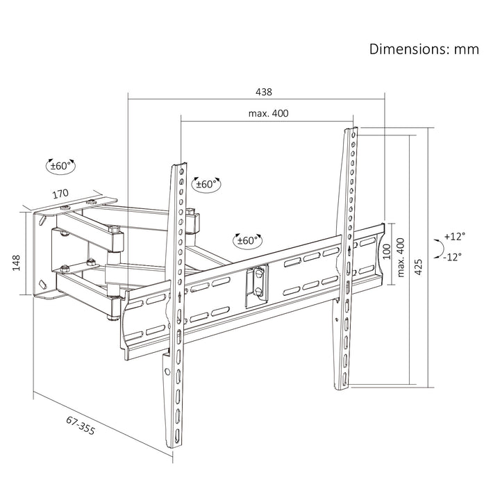Držiak / záves na televízor Maclean, max. VESA 400x400, 32–70", do 40 kg, čierny, nastaviteľný sklon +12°~-12° a otočenie +60°~-60°, MC-192