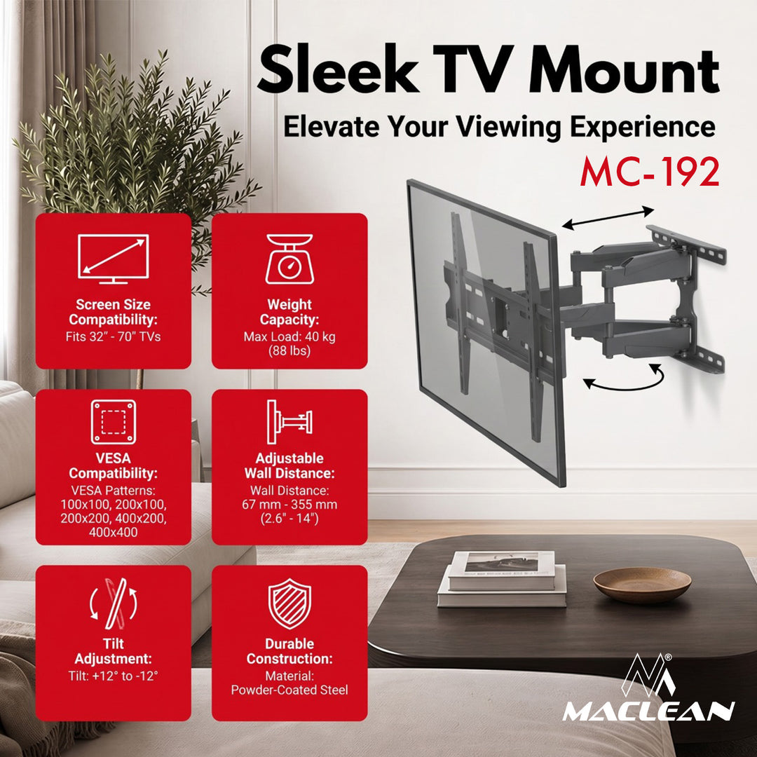Držiak / záves na televízor Maclean, max. VESA 400x400, 32–70", do 40 kg, čierny, nastaviteľný sklon +12°~-12° a otočenie +60°~-60°, MC-192