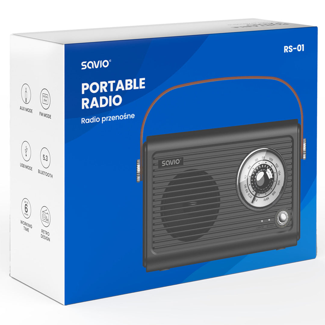 Prenosné FM rádio Savio, napájané batériou, Bluetooth, AUX, SAVRS-01