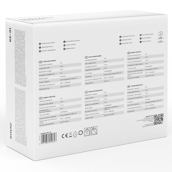 Prenosné FM rádio Savio, napájané batériou, Bluetooth, AUX, SAVRS-01
