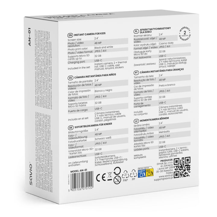 Detský fotoaparát Savio, rozlíšenie 48 MP, 2,4'' obrazovka, 2 termálne rolky, SAVAN-01