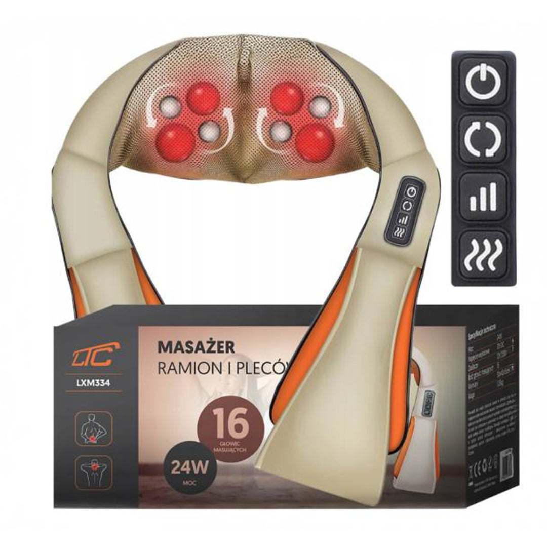LTC Shiatsu 6D masážny prístroj na ramená, 3 rýchlosti, 5V, 24W, funkcia vyhrievania, LED podsvietenie, protišmykové popruhy
