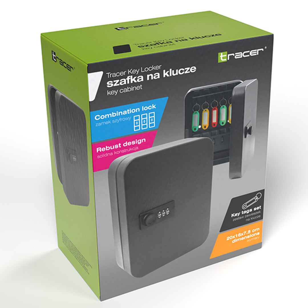 Skrinka na kľúče Tracer, kombinovaný zámok, 20 háčikov, oceľ, skrinka na kľúče