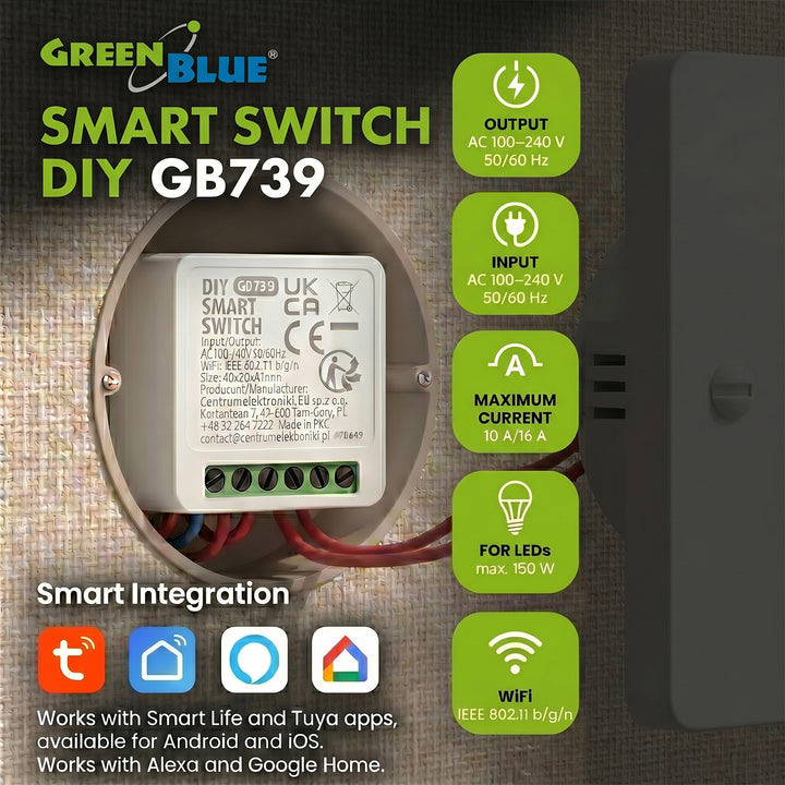 Zápustný WiFi relé GreenBlue, Android/iOS/Alexa/Google Home, 100–240 V striedavého prúdu, 50/60 Hz, max. 16 A, pre LED 150 W, GB739